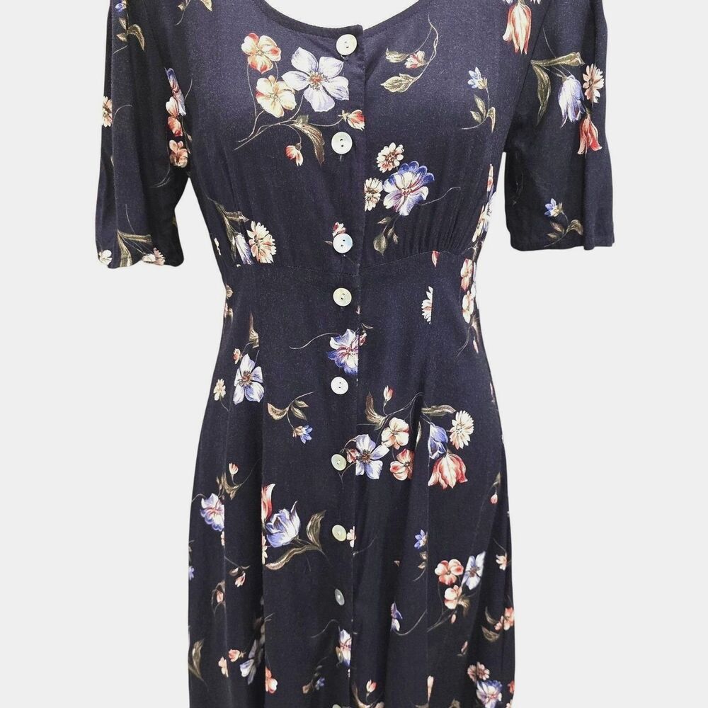 VTG 90s Ultimate Blues Floral Midi Boho Tea Dress 9 Rayon Button Front Navy USA